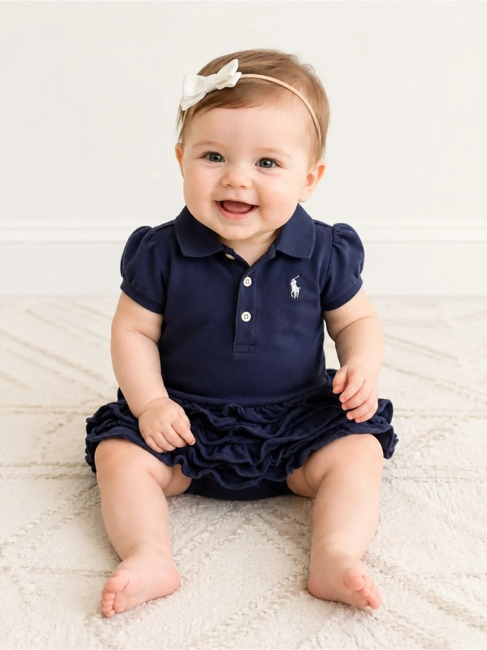 Ralph Lauren Baby Girls 9M Navy Polo Dress Ruffle Romper Preppy